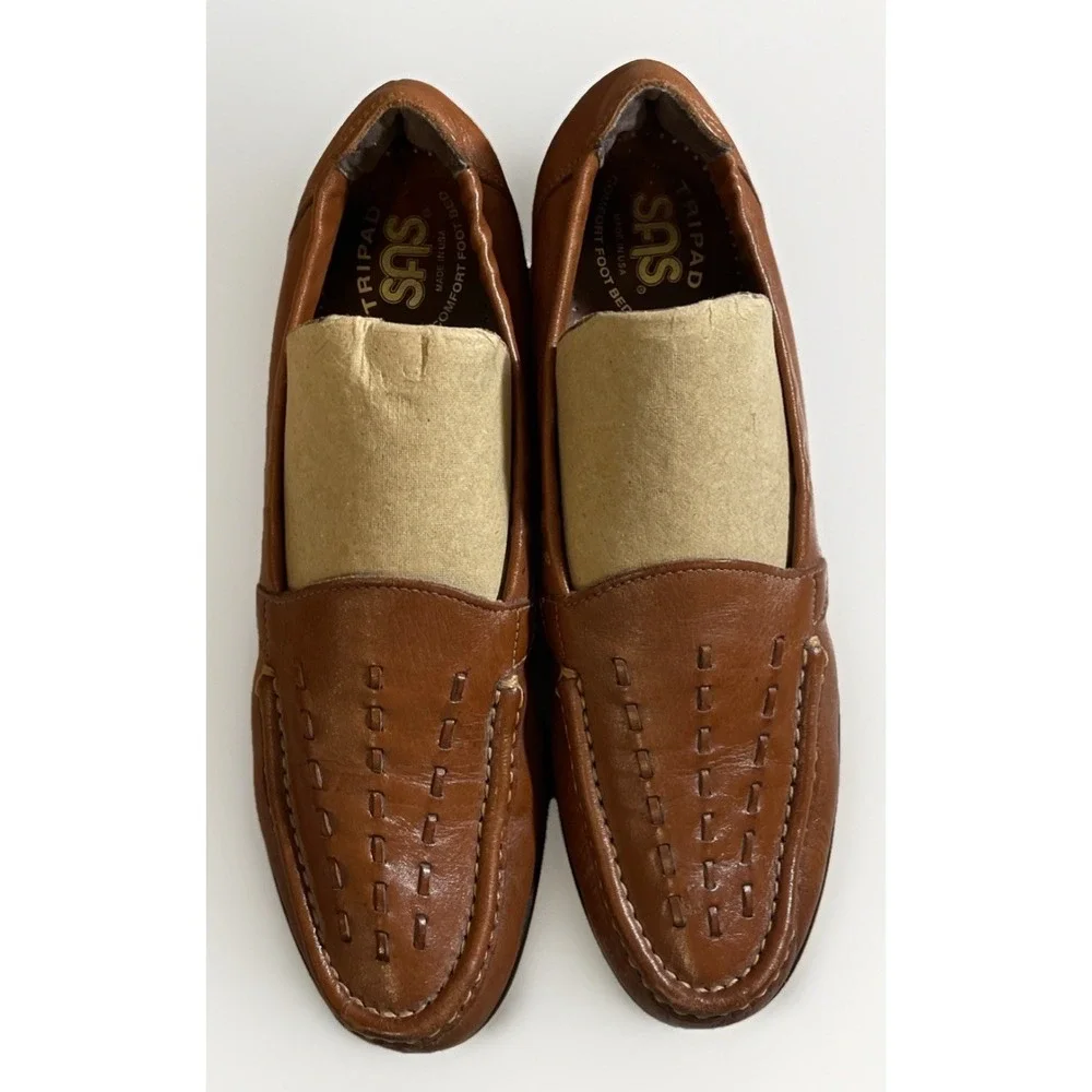 SAS Tripad Brown Woven Leather Slip On Loafers Wedge Heel Women's Size 8.5